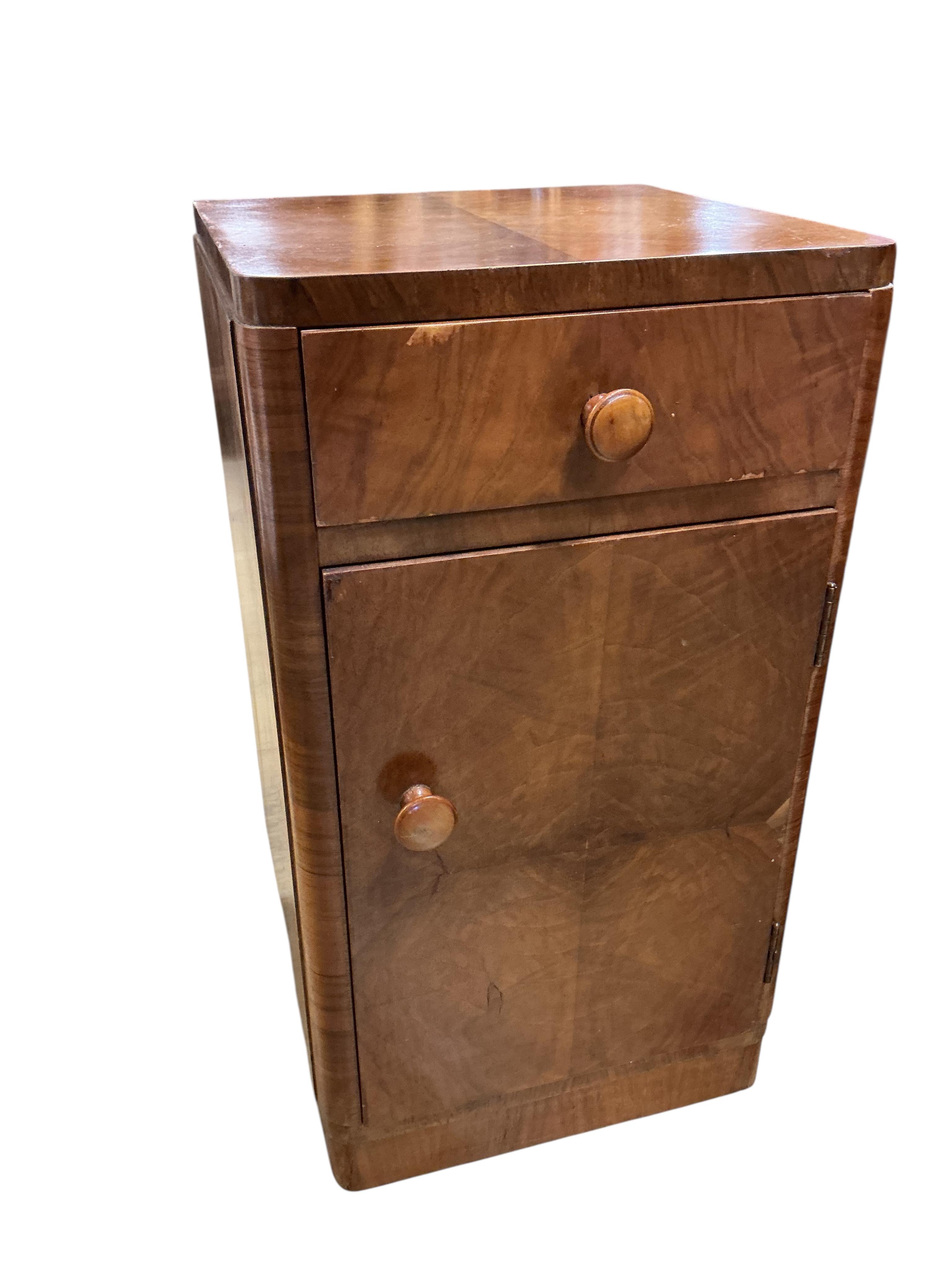 A pair of Art Deco walnut bedside cabinets width 33cm, depth 33cm, height 60cm